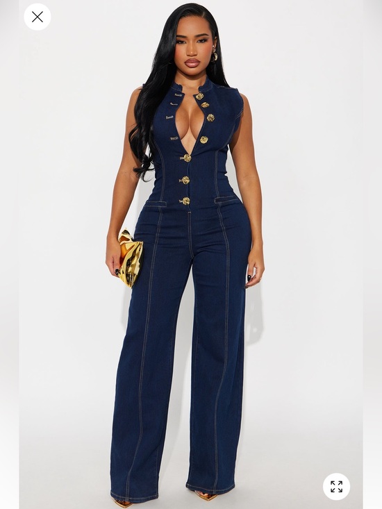 Fashion Nova Pants - Fashion Nova Navy Sleeveless Denim Jumpsuit with Gold Buttons